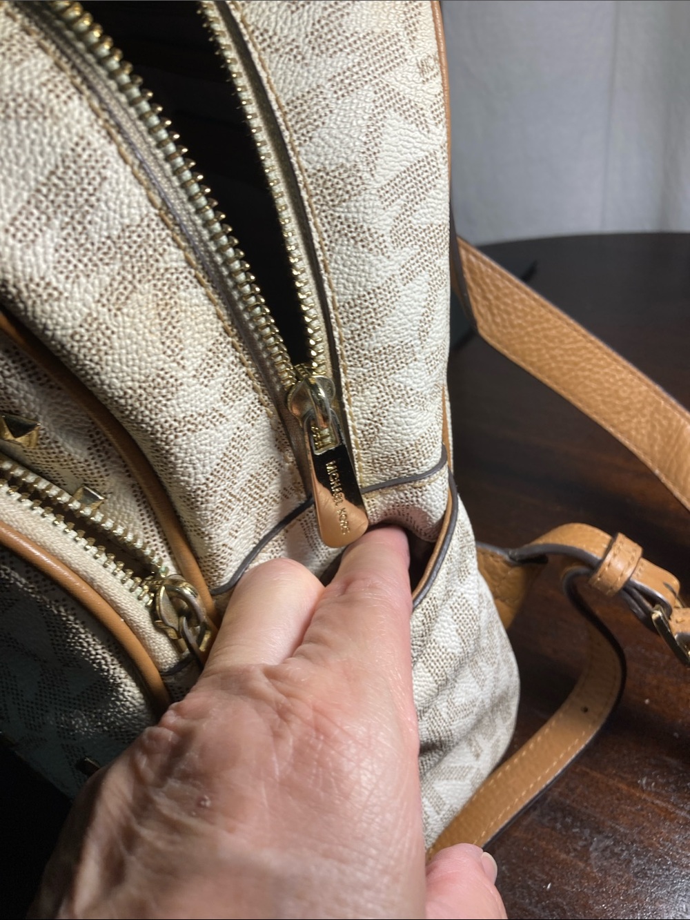Michael Kors Cream and Tan MK Logo Studded Abbey Medium Backpack - Picture 9 of 12